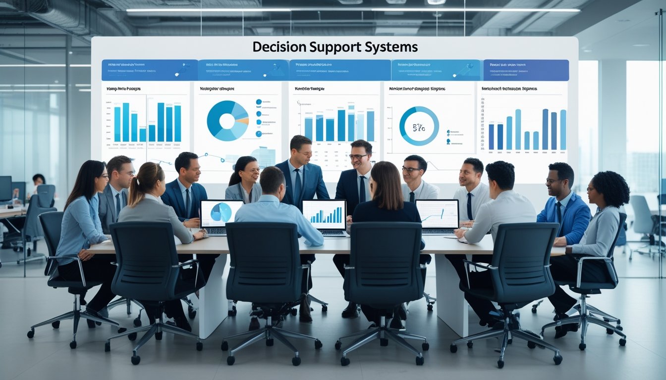 Sekelompok profesional bisnis sedang berdiskusi di ruang rapat kantor modern dengan layar digital menampilkan grafik dan data.