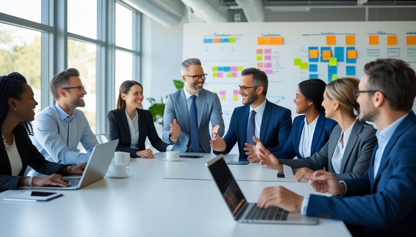 Sekelompok pemimpin dan anggota tim sedang berdiskusi bersama di ruang kantor modern dengan suasana kerja yang positif dan kolaboratif.