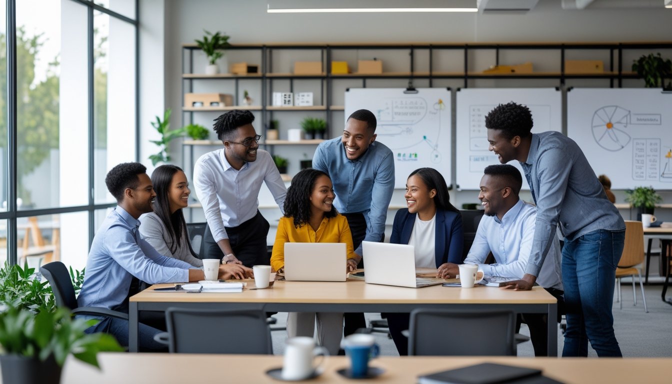 Sekelompok profesional muda sedang berdiskusi dan bekerja bersama di ruang kantor modern yang terang dan terbuka.