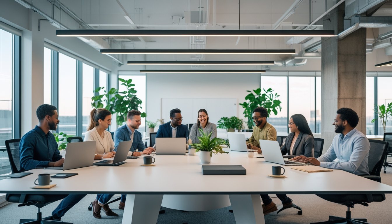 Sejumlah karyawan bekerja sama di ruang kantor modern dengan meja besar, laptop, tanaman hijau, dan cahaya alami.