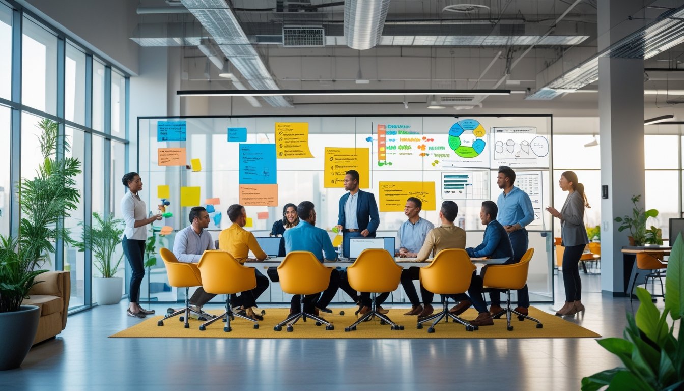 Sekelompok karyawan beragam sedang berdiskusi dan bekerja bersama di kantor terbuka dengan pencahayaan alami dan area duduk yang nyaman.