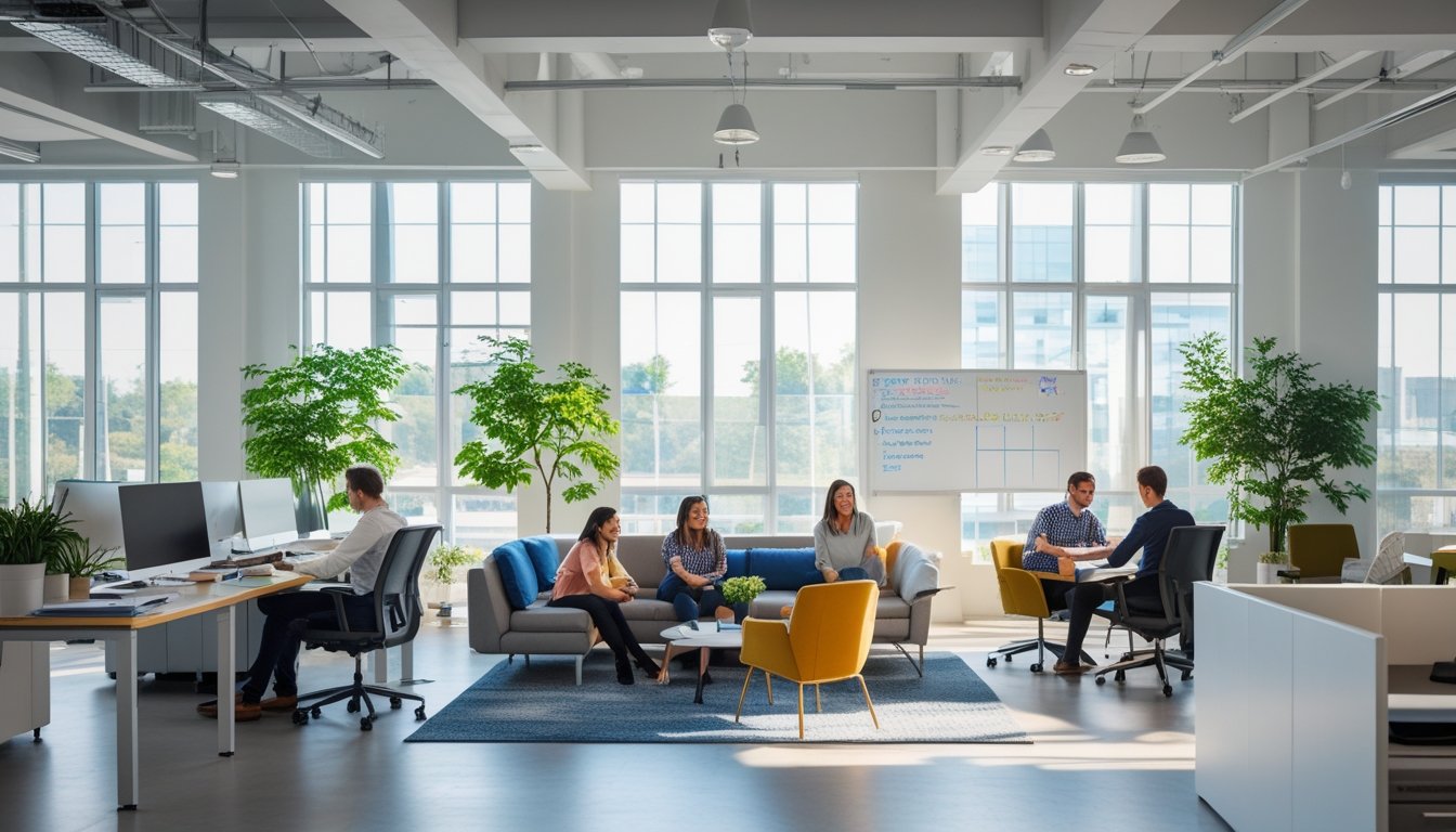 Ruang kantor modern dengan karyawan yang sedang bekerja dan berkolaborasi di area terbuka dengan pencahayaan alami dan tanaman hijau.