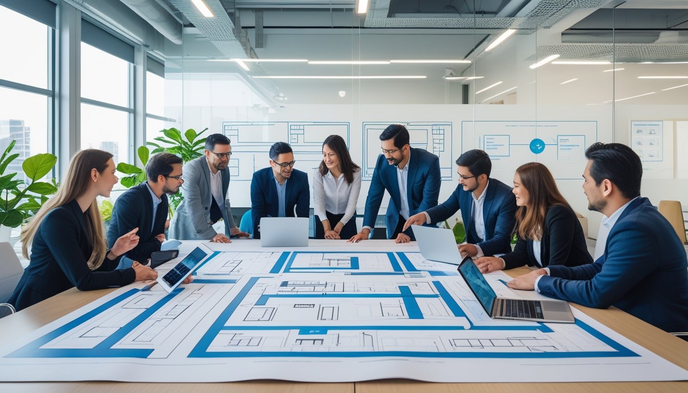 Sekelompok profesional sedang berdiskusi dan merancang tata letak kantor menggunakan blueprint dan perangkat digital di ruang kerja yang terang dan modern.