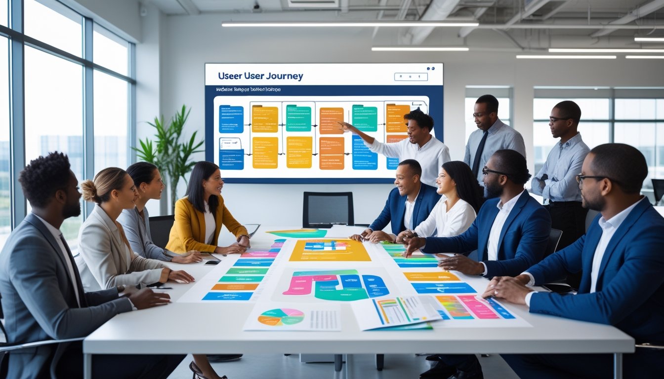 Sekelompok profesional sedang berdiskusi dan merancang kantor dengan diagram dan layar digital di ruang konferensi yang terang dan modern.