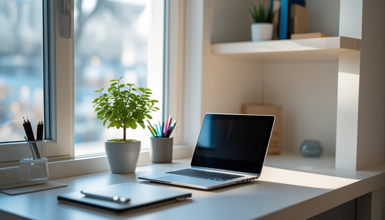 Ruang kerja kecil yang rapi dengan meja, laptop, tanaman kecil, dan rak minimalis di latar belakang.