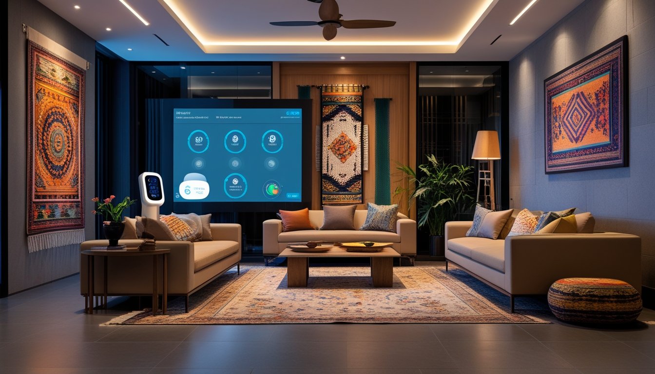 Ruang tamu modern yang menggabungkan furnitur kontemporer, perangkat teknologi pintar, dan elemen budaya tradisional.