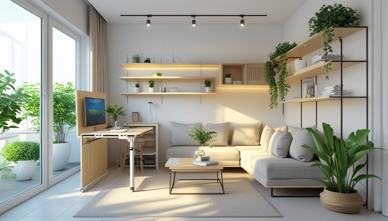 Ruang kecil modern dengan furnitur multifungsi dan pencahayaan alami yang terang.