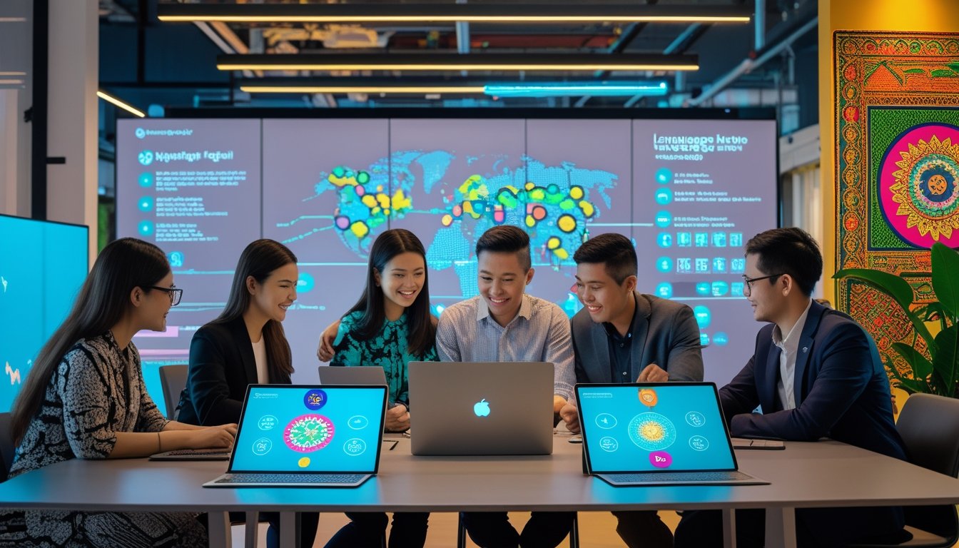 Sekelompok profesional muda bekerja sama di ruang kerja modern dengan perangkat digital dan elemen seni budaya Indonesia yang menyatu dengan teknologi.