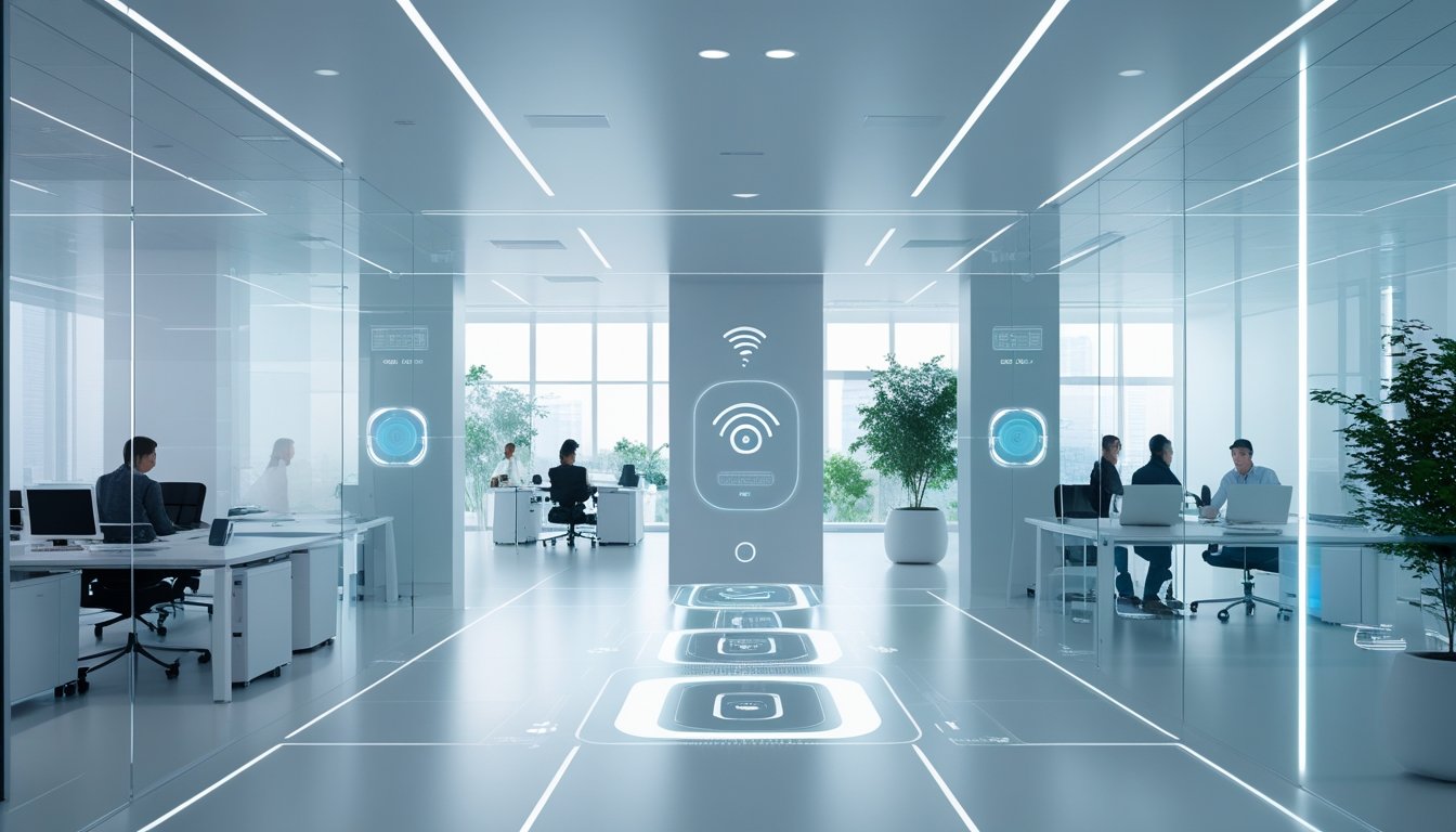 Suasana kantor modern dengan teknologi tersembunyi yang mendukung aktivitas kerja, menampilkan orang-orang yang bekerja di ruang terbuka dengan peralatan canggih yang tidak mencolok.