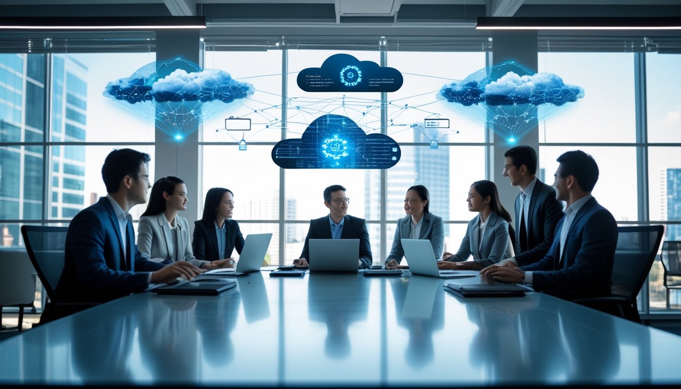 Sekelompok profesional bekerja bersama di kantor modern dengan perangkat teknologi canggih dan tampilan data digital yang melayang di atas meja.