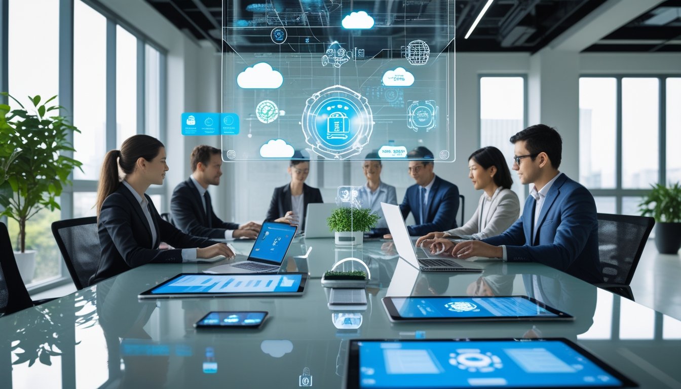 Sejumlah profesional bekerja bersama di kantor modern dengan perangkat digital dan layar holografik yang menampilkan teknologi cloud dan AI.