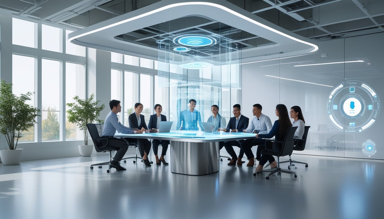 Kantor modern dengan karyawan yang bekerja sama di meja konferensi, dikelilingi oleh teknologi canggih yang hampir tidak terlihat.