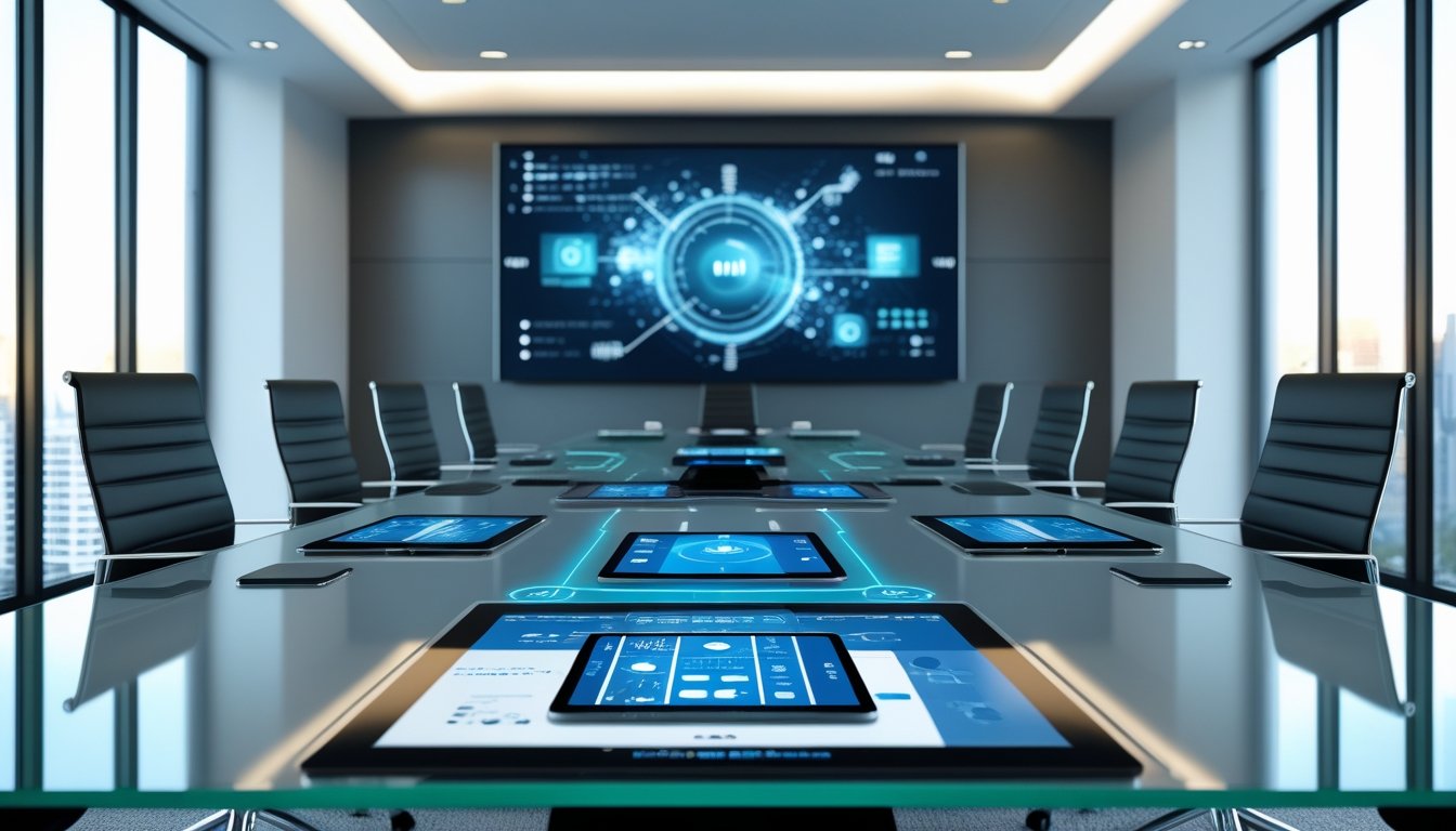 Ruang meeting modern dengan meja kaca, layar digital, dan perangkat teknologi yang menunjukkan konsep produk digital.