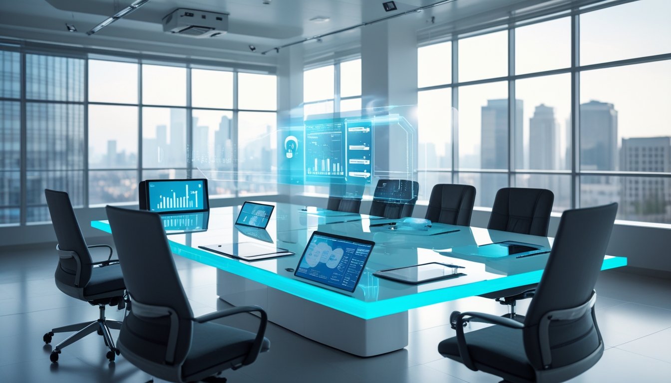 Ruang meeting modern dengan meja kaca besar, perangkat digital seperti laptop dan tablet, serta kursi ergonomis di sekitar meja.