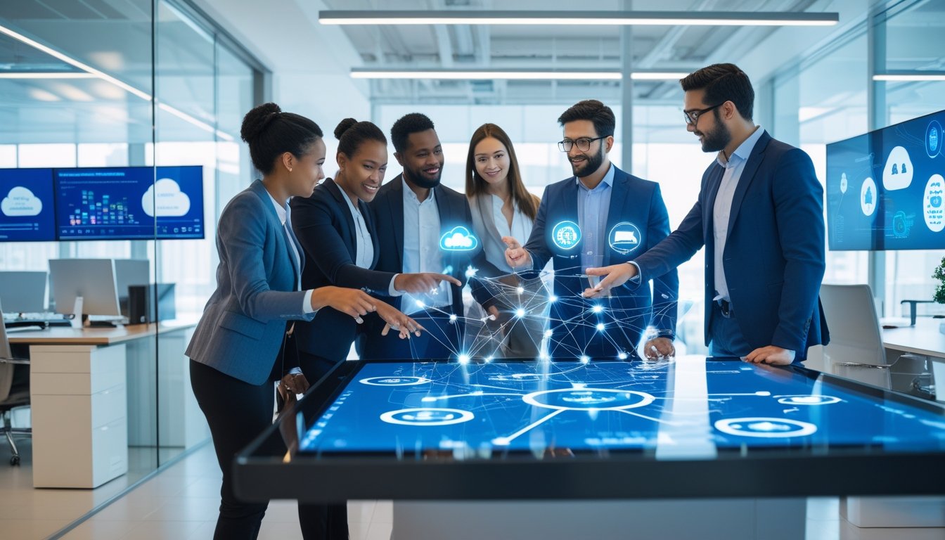 Sekelompok profesional bekerja sama di kantor modern dengan layar sentuh besar yang menampilkan data dan diagram jaringan.