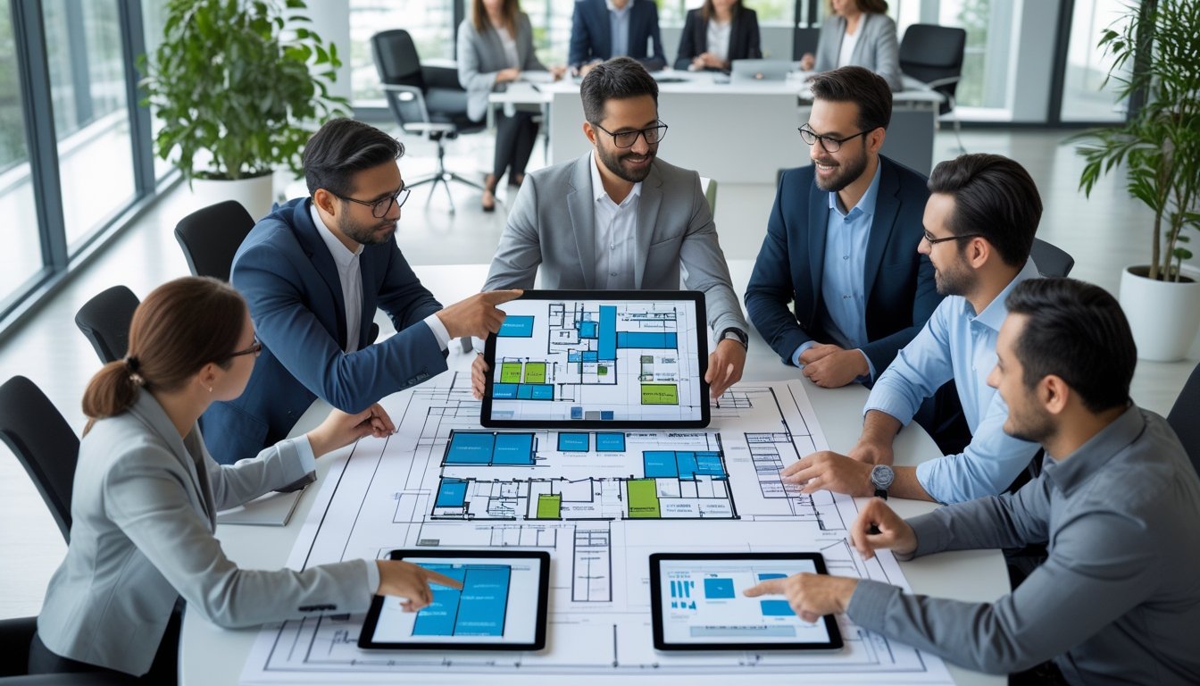 Sekelompok profesional bisnis bekerja sama di kantor modern dengan rencana tata letak kantor dan peta pengalaman di atas meja.