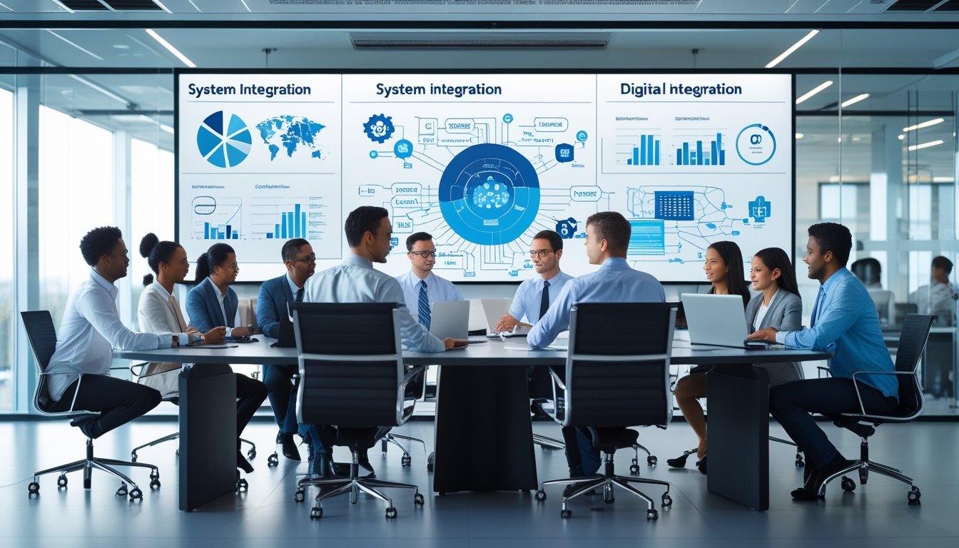 Sekelompok profesional bekerja sama di ruang kantor modern dengan perangkat digital dan layar yang menampilkan diagram jaringan.