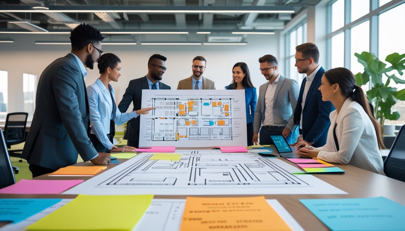 Sekelompok profesional sedang berdiskusi dan merencanakan desain kantor dengan peta pengalaman di ruang kantor terang dan modern.
