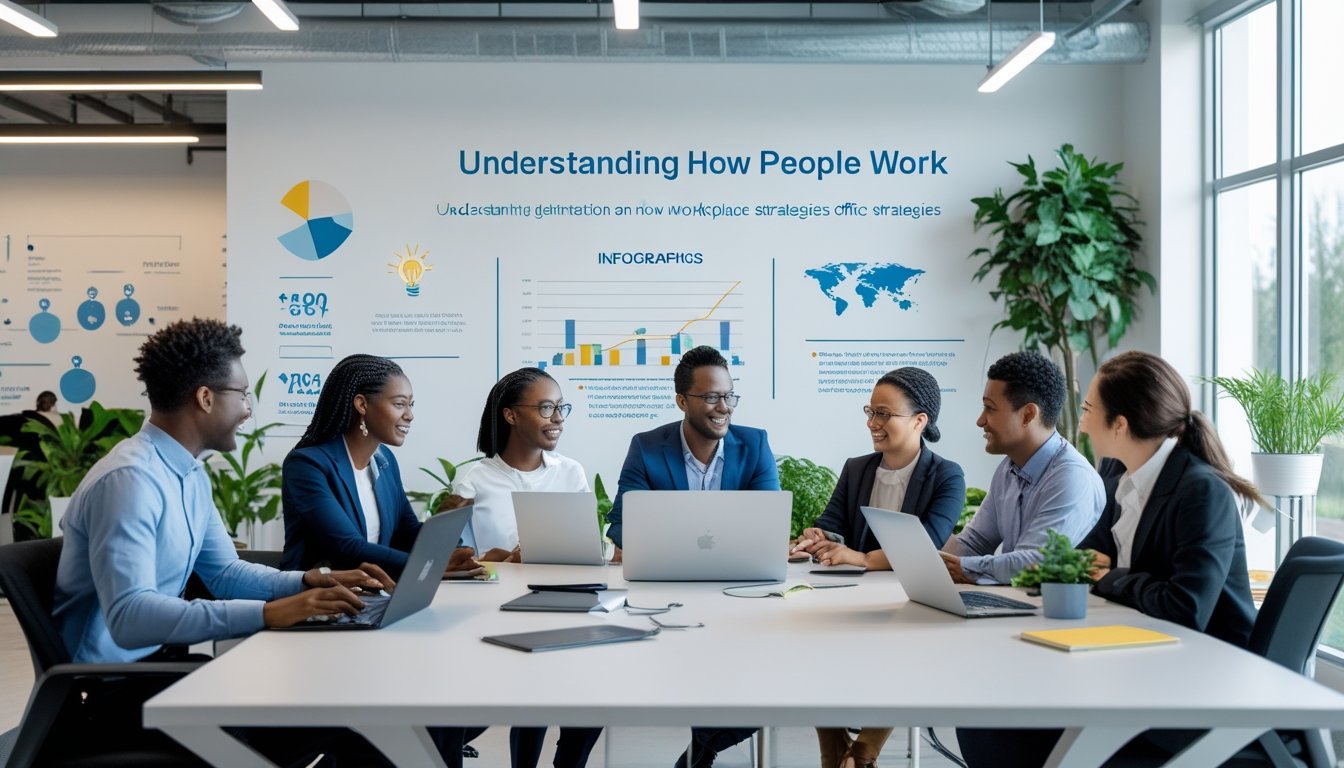 Sekelompok orang bekerja sama di ruang kantor modern dengan cahaya alami, menggunakan laptop dan berdiskusi di sekitar meja besar.