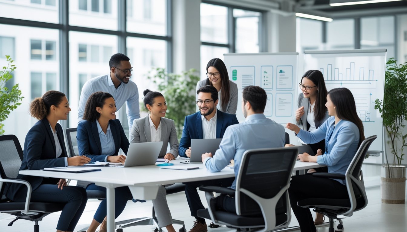 Sekelompok profesional sedang berdiskusi bersama di ruang kantor modern yang terang dengan jendela besar dan peralatan kerja seperti laptop dan tablet.