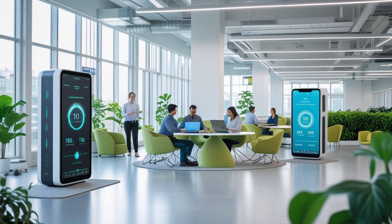 Suasana kantor modern dengan perangkat pintar untuk efisiensi energi dan keberlanjutan, menampilkan pekerja yang menggunakan teknologi canggih di ruang kerja terang dengan tanaman hijau.