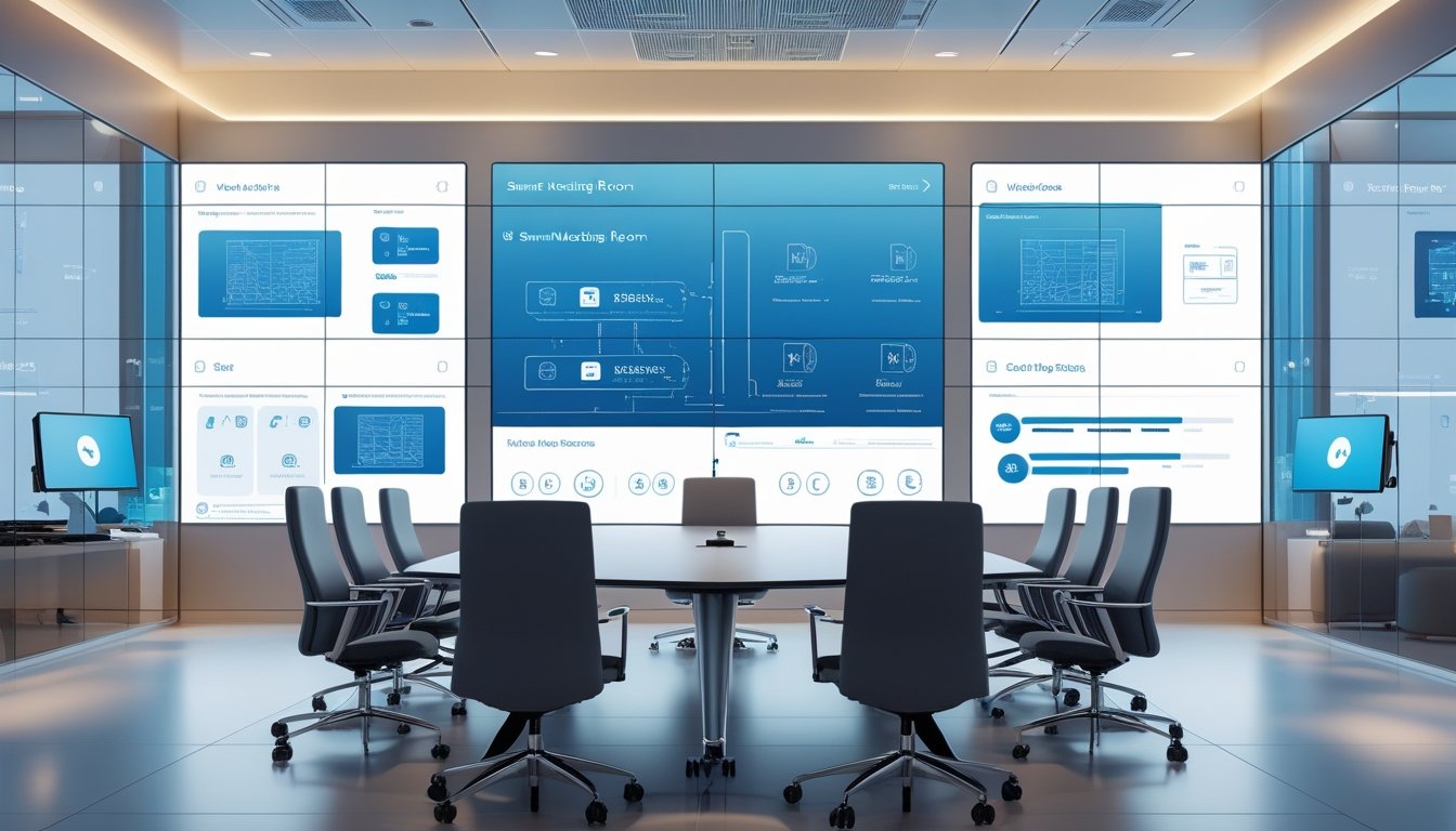 Ruang rapat modern dengan meja konferensi besar, kursi ergonomis, layar besar menampilkan blueprint teknologi, dan perangkat pintar terintegrasi.