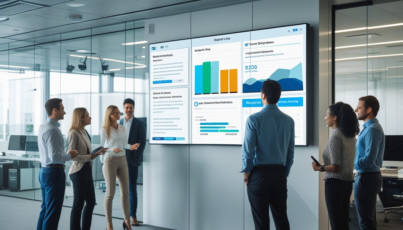 Karyawan di kantor modern sedang berdiskusi di depan layar digital yang menampilkan konten adaptif untuk komunikasi dan keamanan internal.