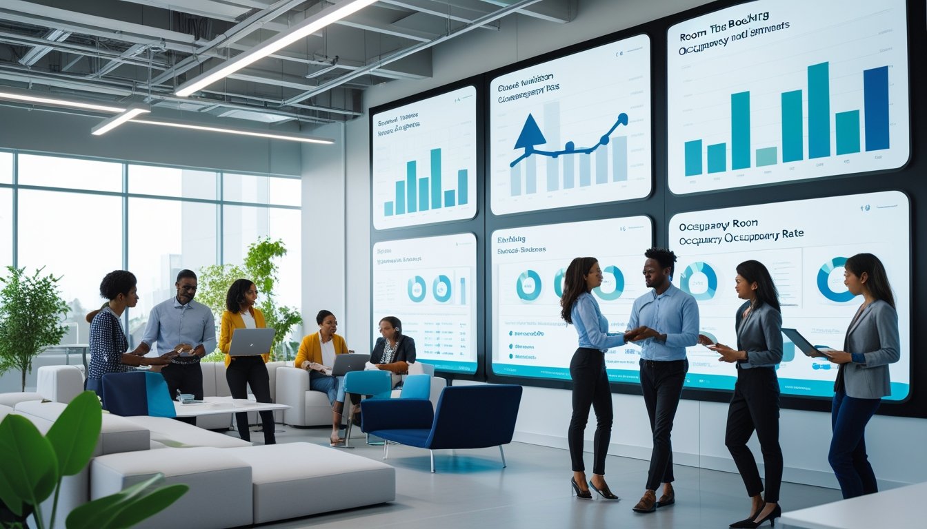 Suasana kantor modern dengan karyawan yang berdiskusi di sekitar layar digital menampilkan data pemesanan dan okupansi ruang.