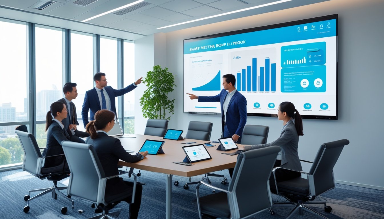 Ruang rapat perusahaan modern dengan teknologi pintar, layar digital besar, perangkat nirkabel di meja, dan beberapa profesional yang sedang berdiskusi.