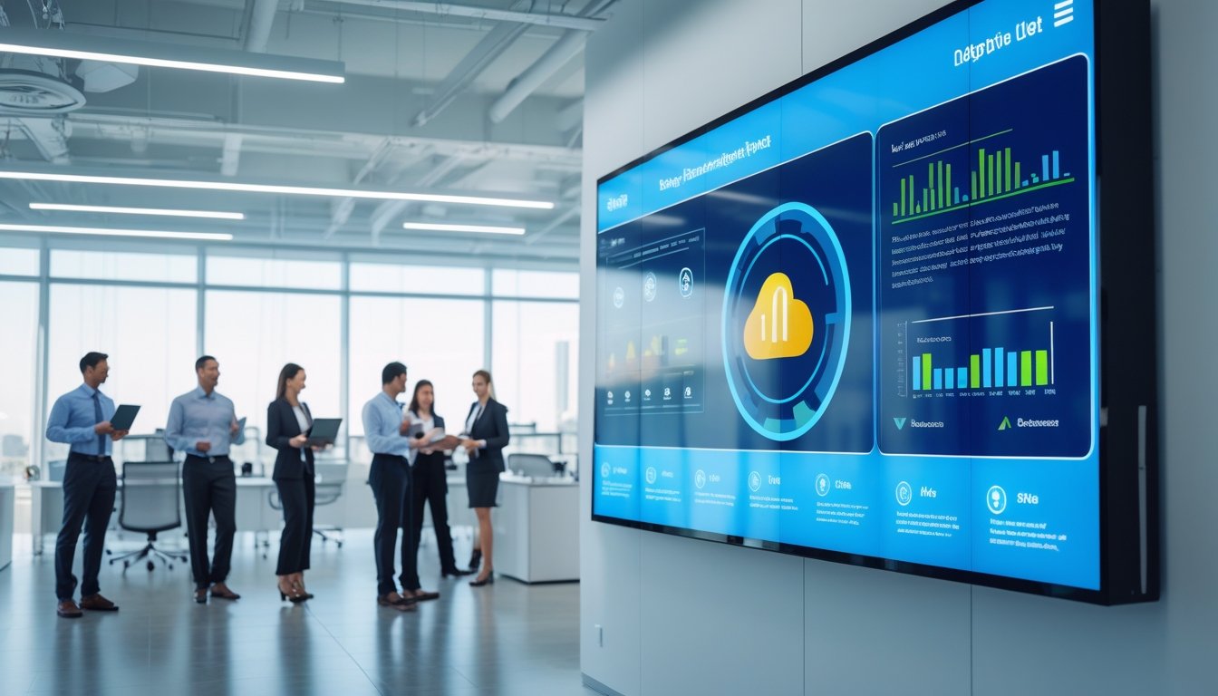 Kantor modern dengan layar digital besar menampilkan konten adaptif dan analitik, serta beberapa karyawan yang bekerja dan berdiskusi di sekitar ruangan.