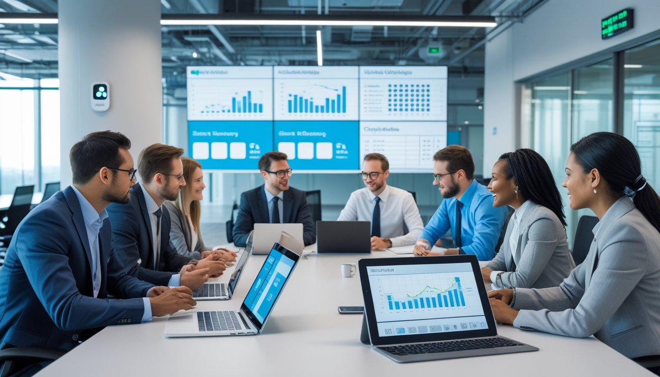 Sekelompok profesional bisnis sedang rapat di ruang kantor modern dengan perangkat digital dan teknologi badge serta sistem pemesanan ruang.