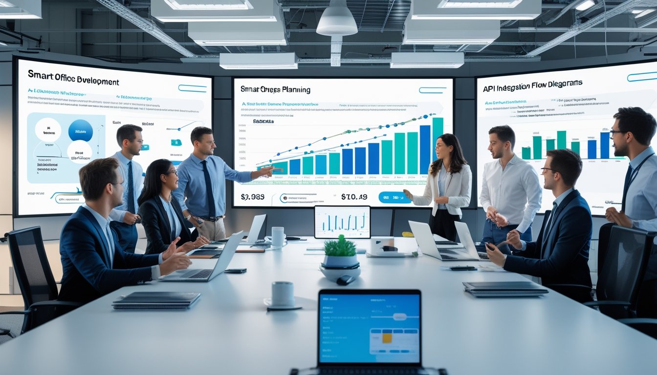 Sekelompok profesional bisnis sedang berdiskusi di ruang rapat modern dengan layar digital yang menampilkan grafik dan diagram integrasi teknologi.