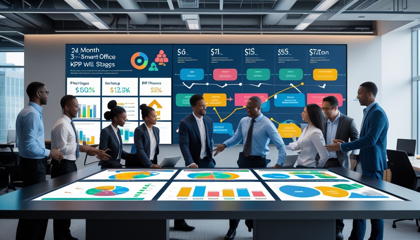 Sekelompok profesional bekerja sama di kantor modern dengan layar digital menampilkan grafik KPI dan roadmap proyek selama 24 bulan.
