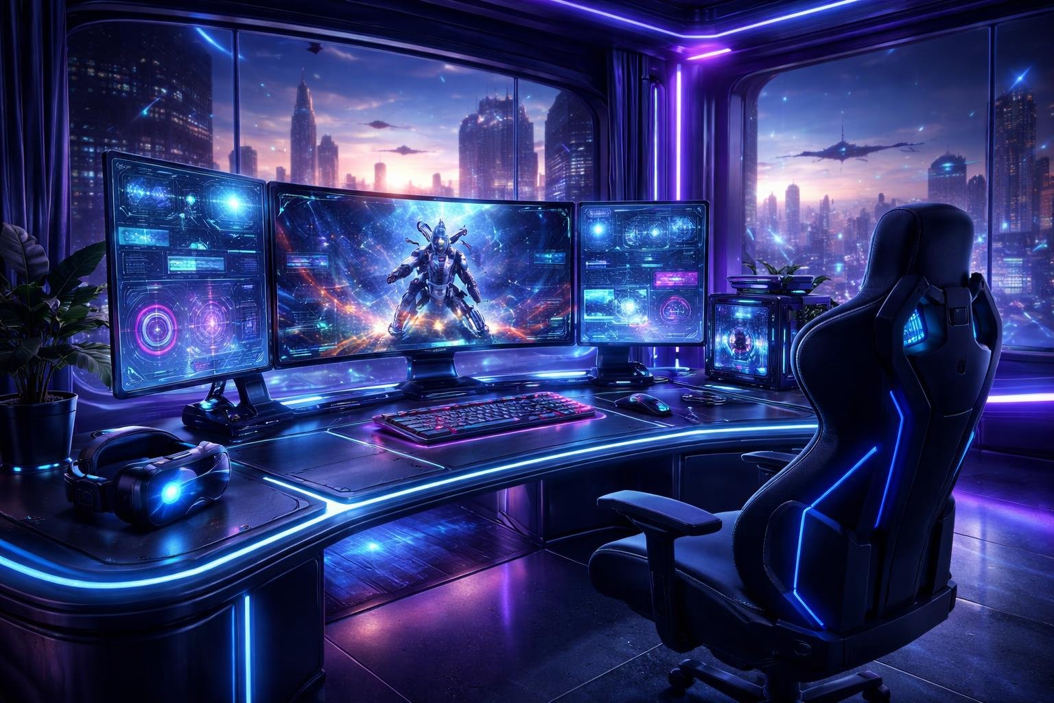 Sebuah ruangan gaming futuristik dengan layar holografik dan pemandangan kota masa depan di luar jendela.