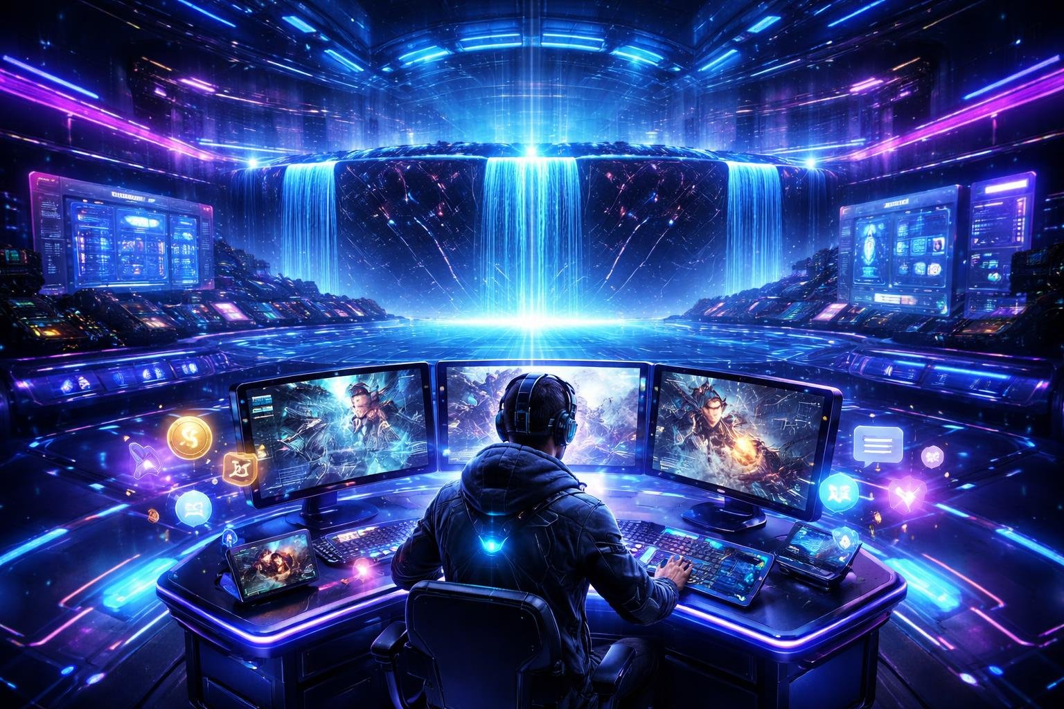 Sebuah lingkungan permainan futuristik dengan avatar yang bermain game online di depan waduk digital besar yang melambangkan platform WADUK89.