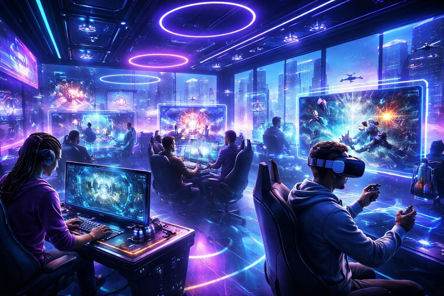 Suasana ruang bermain game futuristik dengan pemain yang menggunakan perangkat gaming canggih dan tampilan digital di sekelilingnya.
