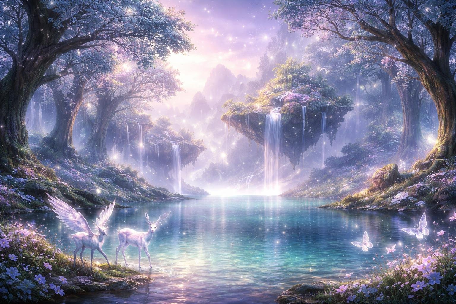 Pemandangan danau yang tenang dikelilingi pohon tinggi dengan daun bercahaya, pulau terapung di kejauhan, dan makhluk mistis dekat tepi air di bawah langit pagi yang lembut.