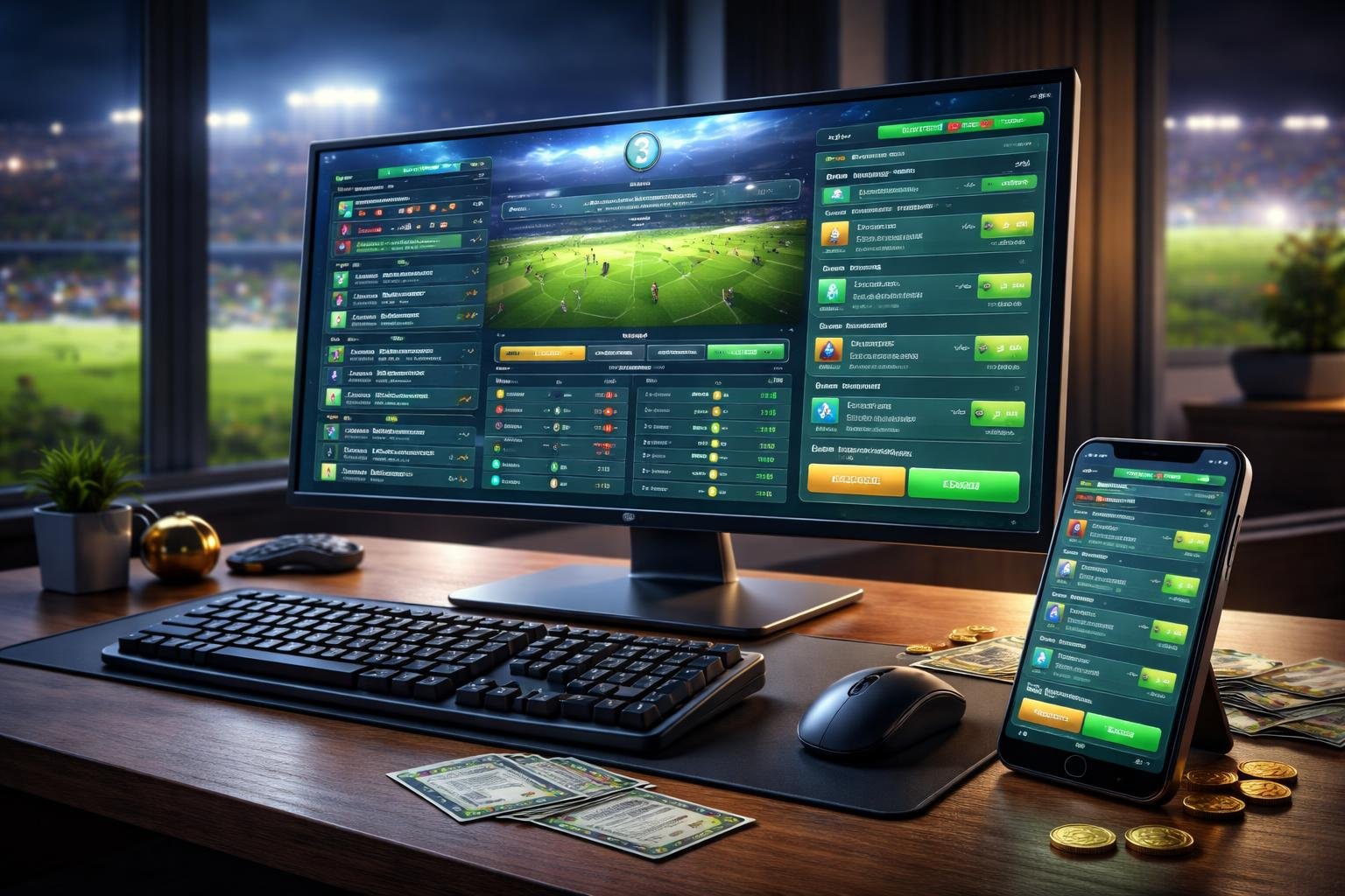 Sebuah meja dengan komputer dan layar menampilkan antarmuka taruhan bola online dengan beberapa pertandingan yang dipilih untuk parlay, di dalam ruangan dengan pemandangan kota malam hari.