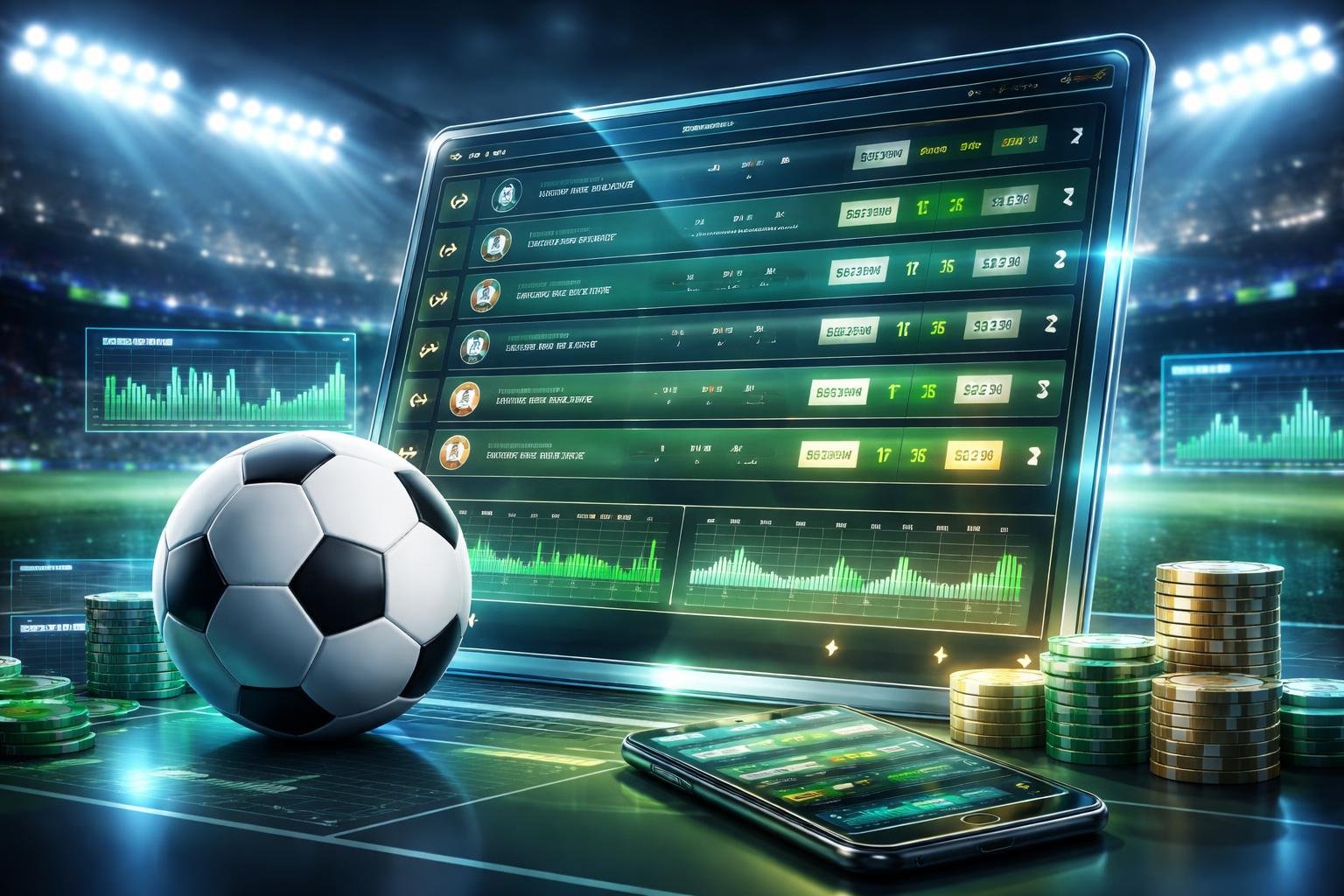 Tampilan antarmuka taruhan bola online dengan bola sepak dan stadion di latar belakang.