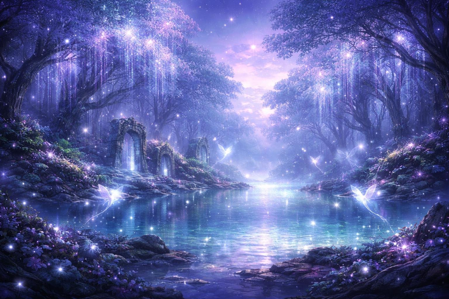 Pemandangan danau jernih di tengah hutan mistis dengan makhluk kecil bercahaya terbang di atas air dan reruntuhan kuno yang tertutup tanaman bercahaya.