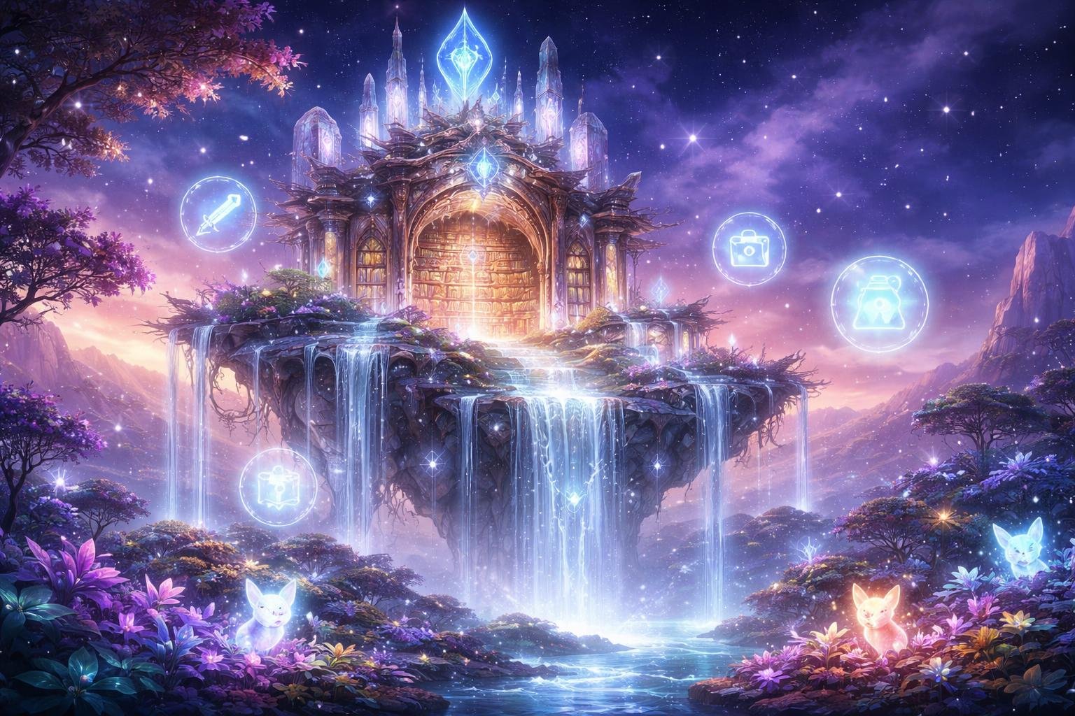 Pemandangan perpustakaan kuno bercahaya yang mengapung di lanskap fantastis dengan air terjun cahaya dan makhluk bercahaya di sekitarnya.