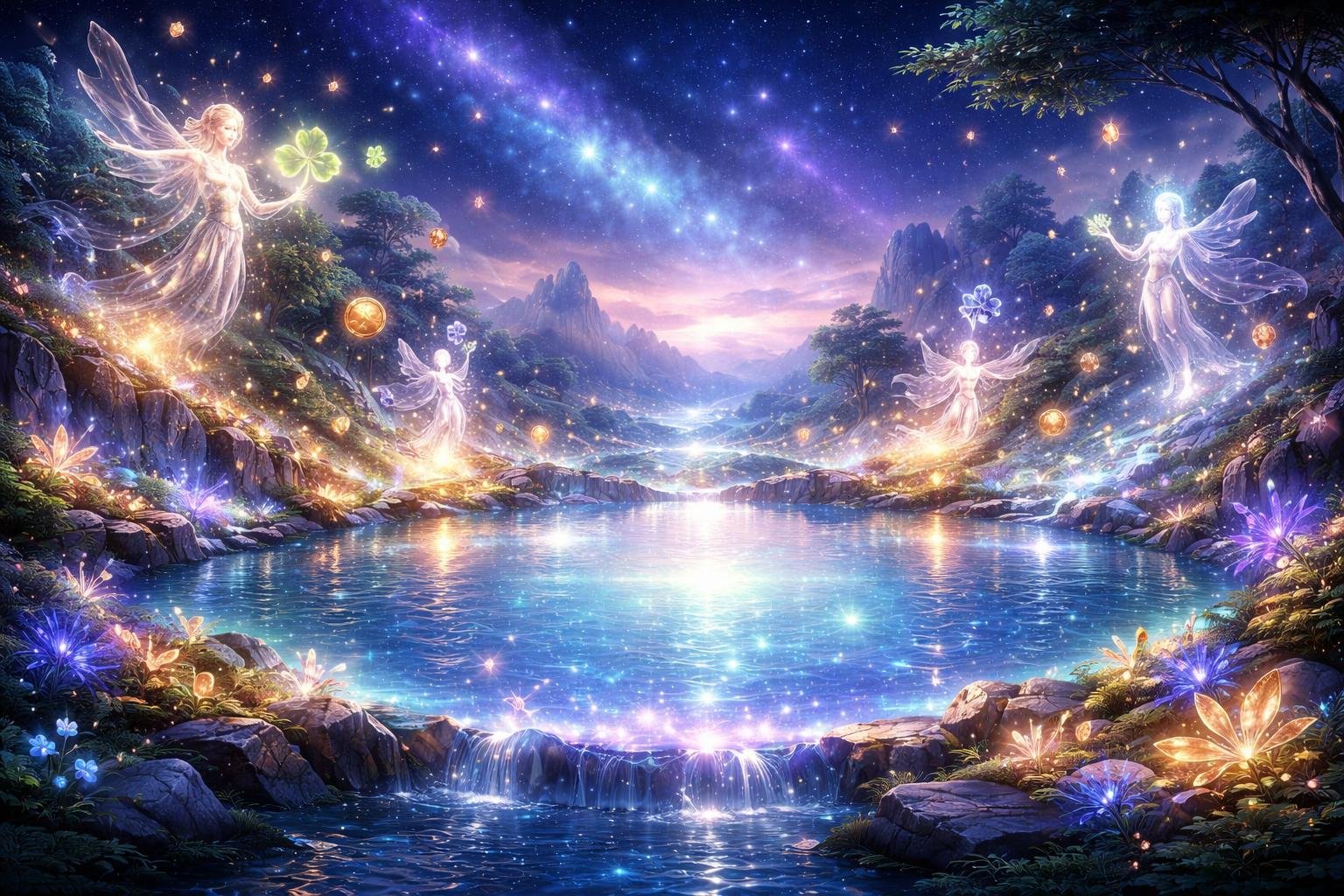 Pemandangan waduk berkilau dengan sosok-sosok bercahaya mengambang di sekitarnya, dikelilingi oleh alam yang magis dan langit berbintang.