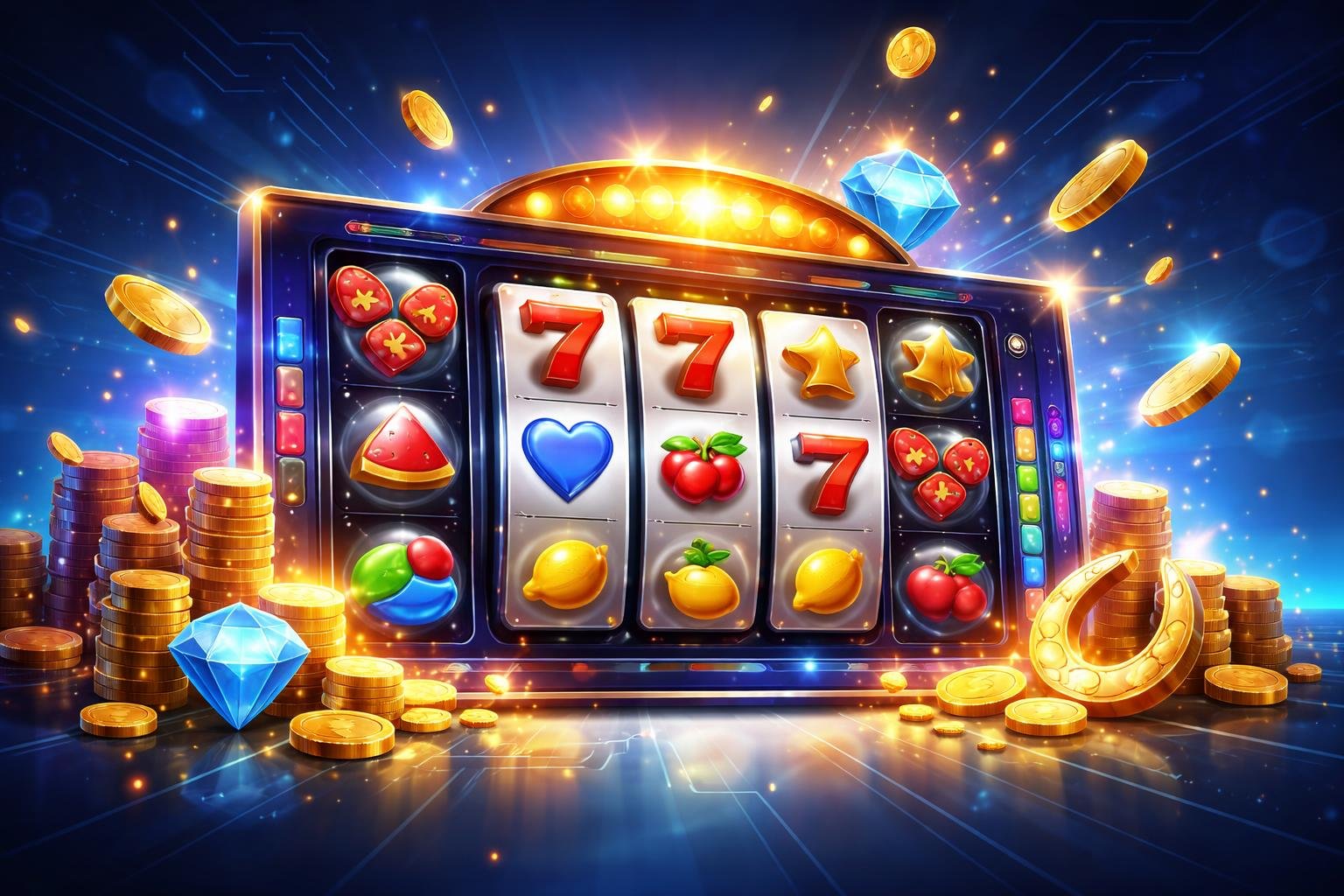 Ilustrasi profesional yang menampilkan platform permainan slot online dengan mesin slot berwarna-warni dan koin yang berjatuhan, menggambarkan suasana kemenangan dan hiburan.