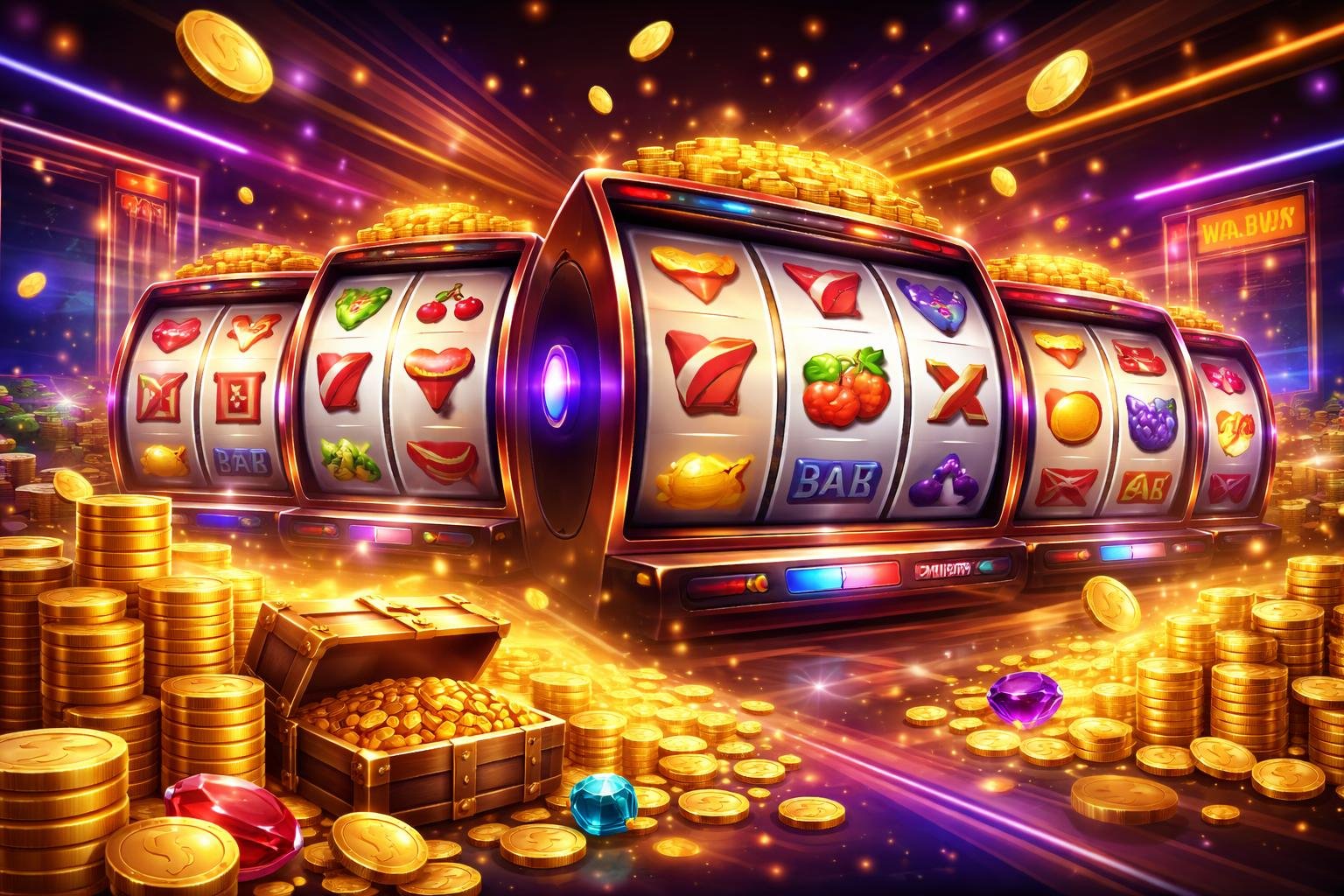 Ilustrasi profesional yang menunjukkan suasana permainan slot online dengan mesin slot berwarna-warni dan latar belakang kasino modern yang penuh lampu neon.