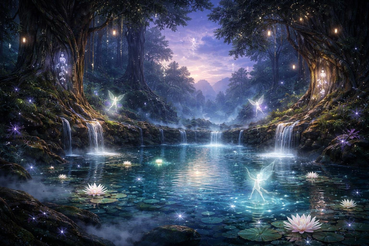 Pemandangan danau mistis yang dikelilingi oleh pohon-pohon besar dan makhluk ajaib di hutan yang tenang.