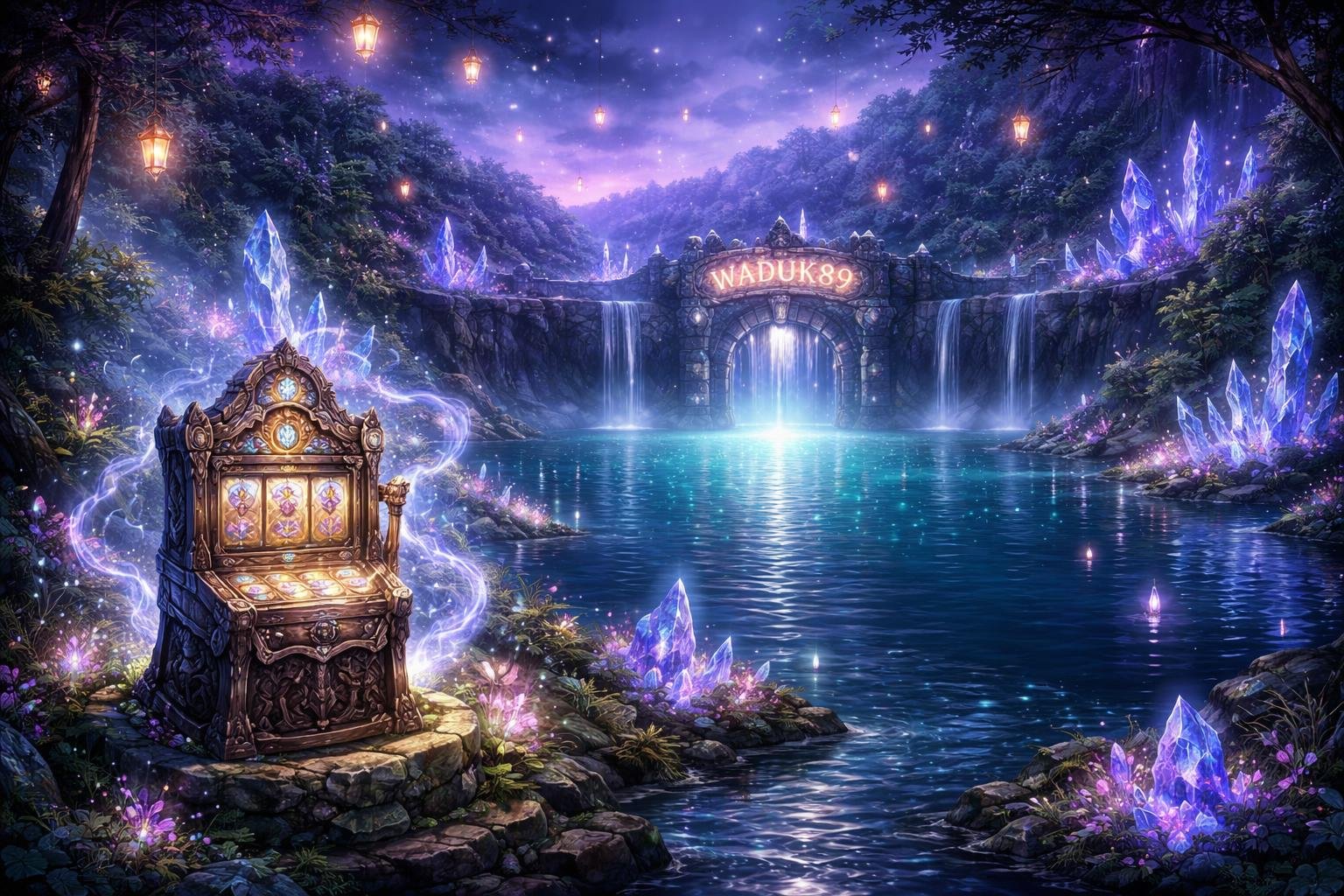 Pemandangan waduk magis dengan air berkilau dan mesin slot kuno di tengah hutan yang rimbun dan bercahaya.