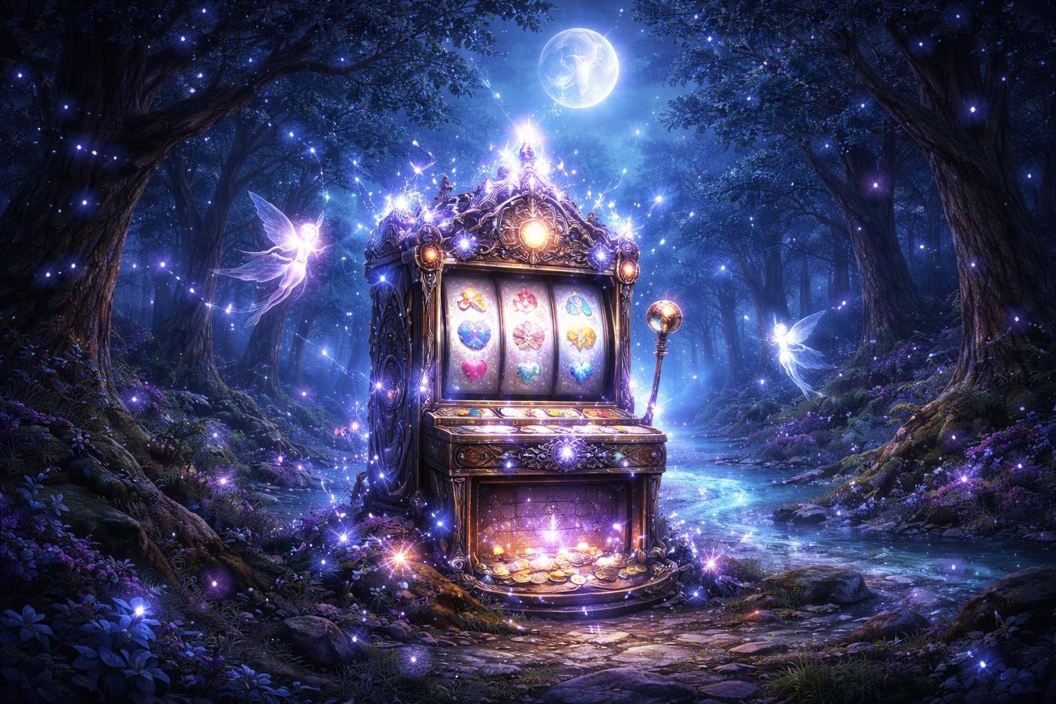 Sebuah mesin slot magis di tengah hutan yang diterangi cahaya bulan dengan peri bercahaya dan pohon-pohon besar di sekitarnya.