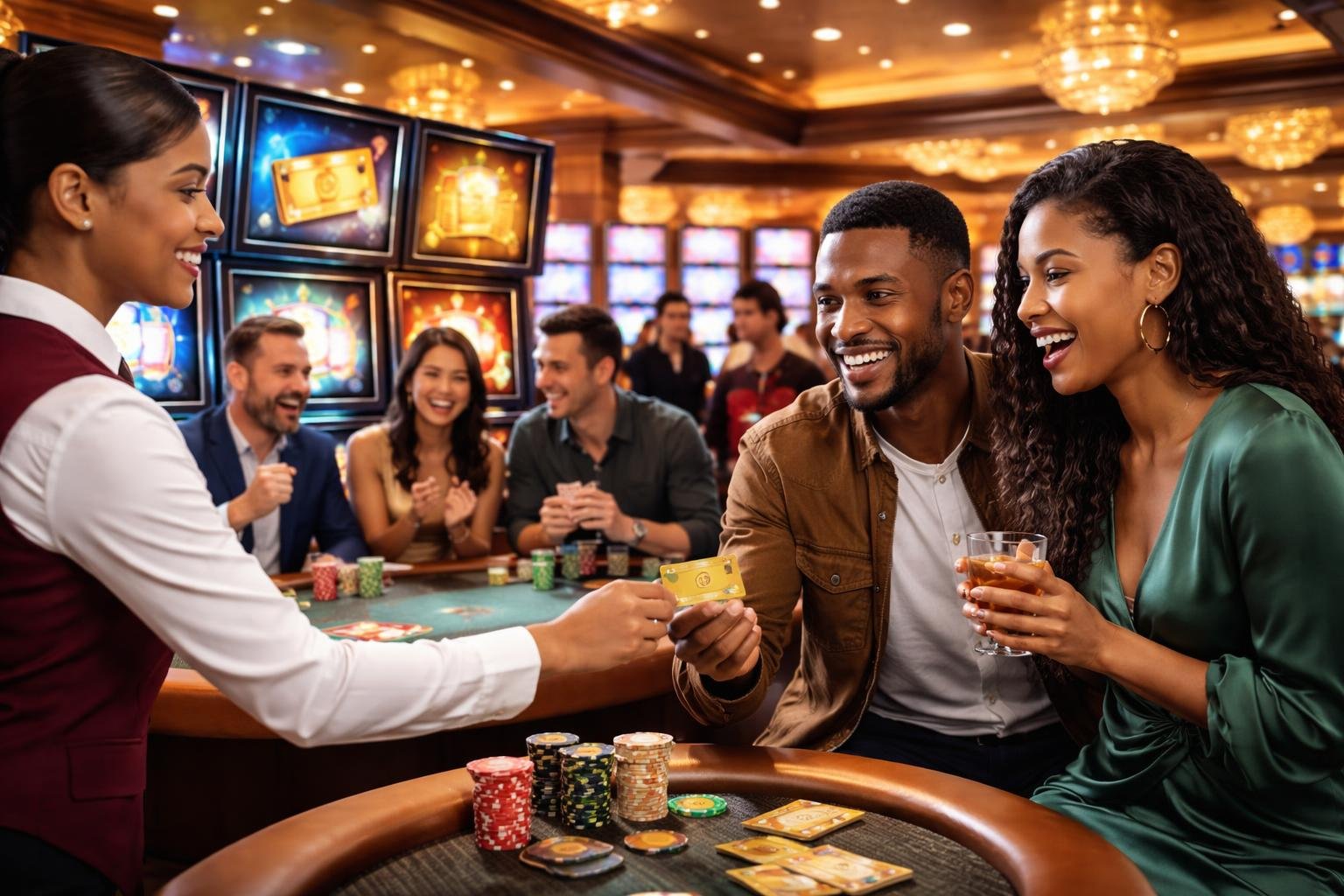 A group of people enjoying a casino with slot machines and card tables, a staff member handing a rewards card to a player, and others celebrating small wins.