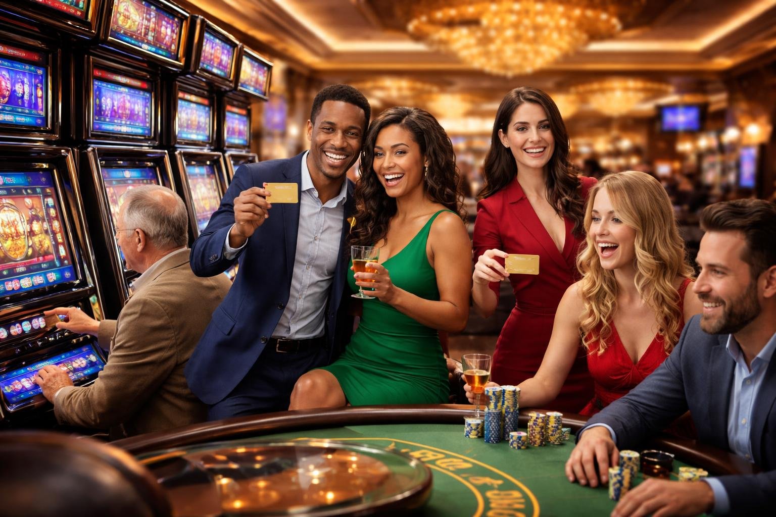 A group of people enjoying casino games with staff assisting and digital displays showing rewards in a lively casino setting.