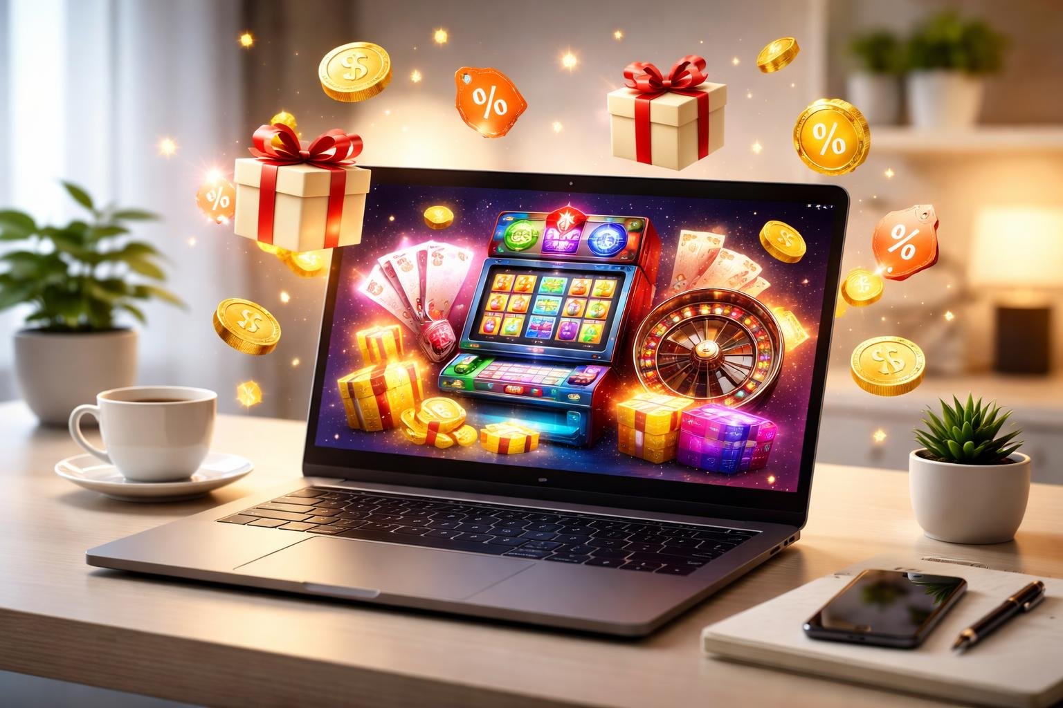 A laptop on a desk showing an online casino interface with slot machines and cards, surrounded by floating coins and gift boxes representing promotions.